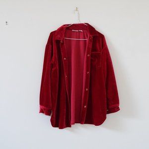 Vintage Red Velour Button Up Long Sleeve Shirt | Size S
